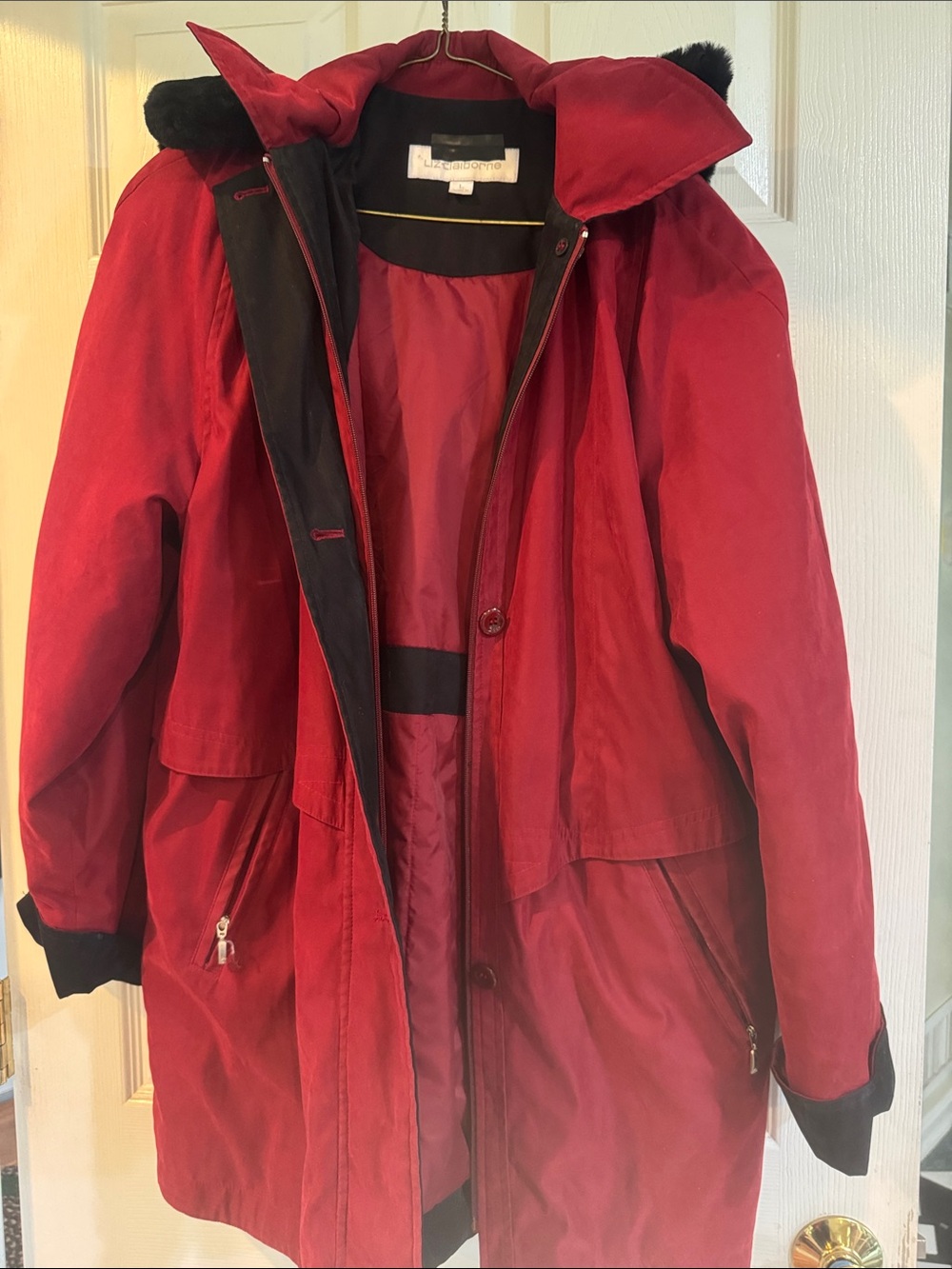 Liz Claiborne Red Coat with Detachable Hood and Black Trim.